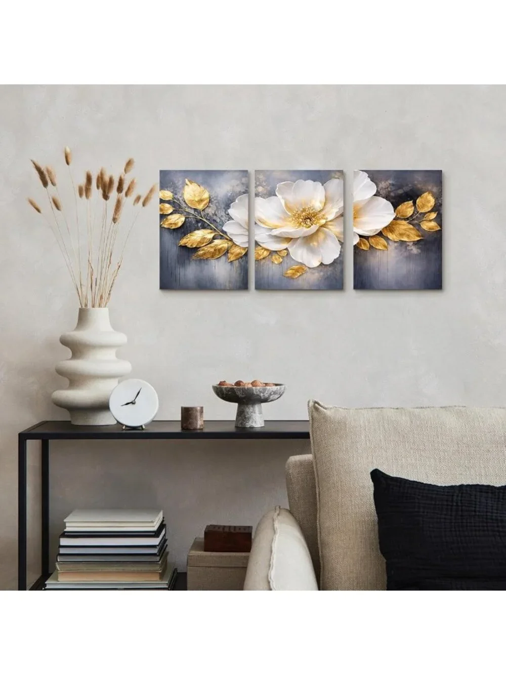 Set of 3 Gold & White Floral Canvas Prints - 16x20 Wall Art for Home Decor
